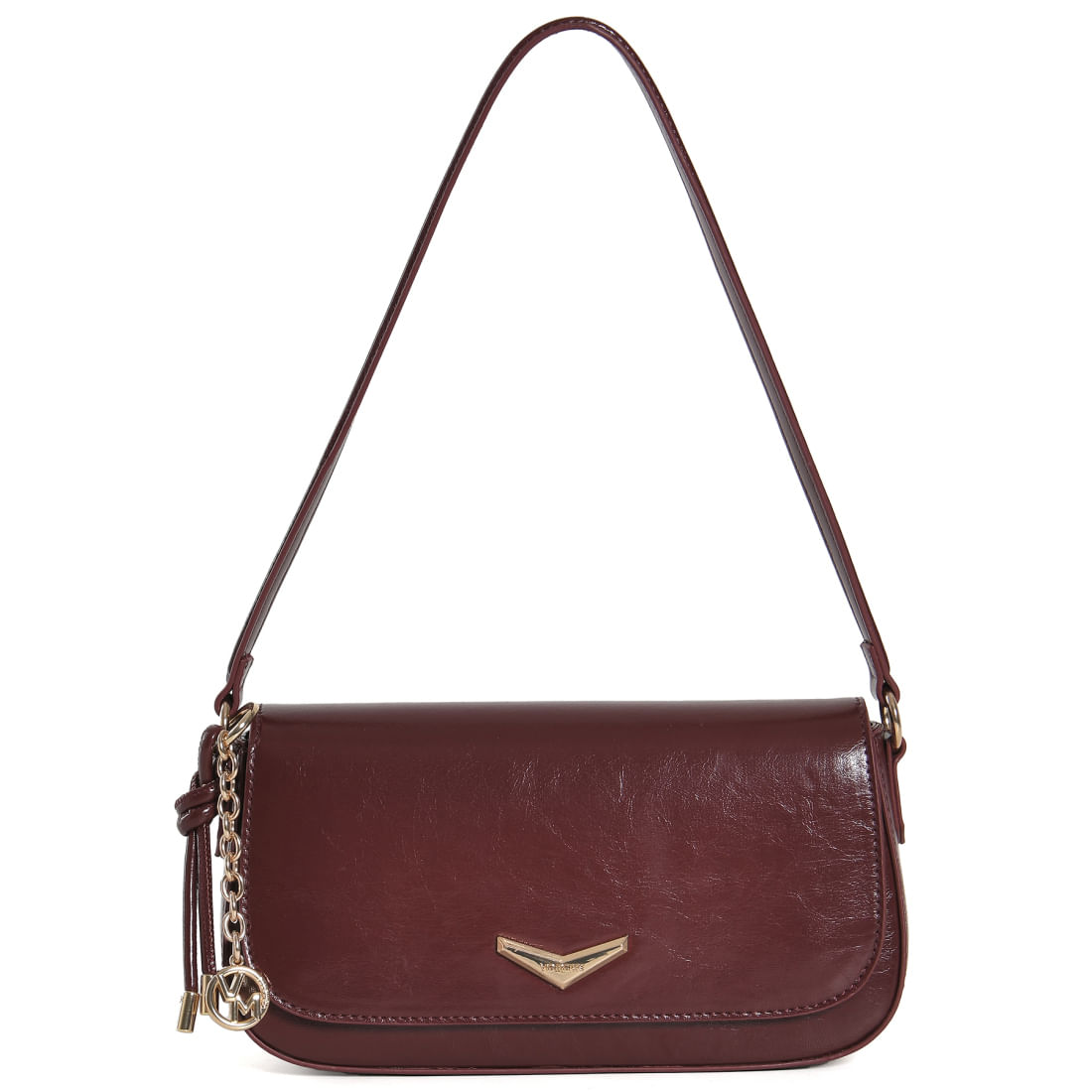 Bolsa Via Marte Shoulder Bag bordô verniz em PU sintético com alça fina e corrente dourada